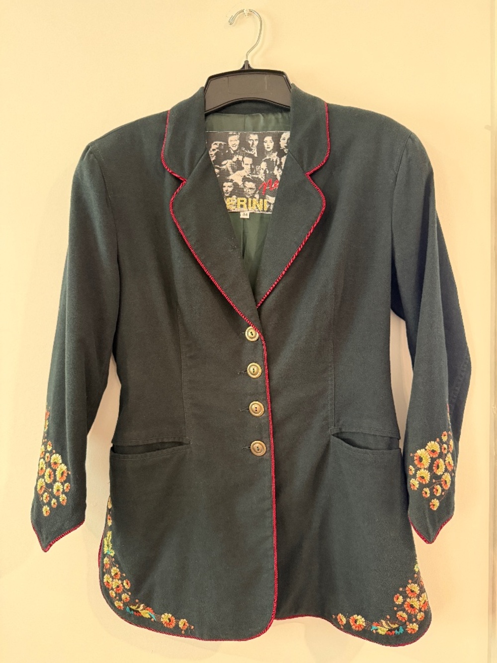Vintage black Cerini jacket, red trim & floral embroidery details, EU size 44